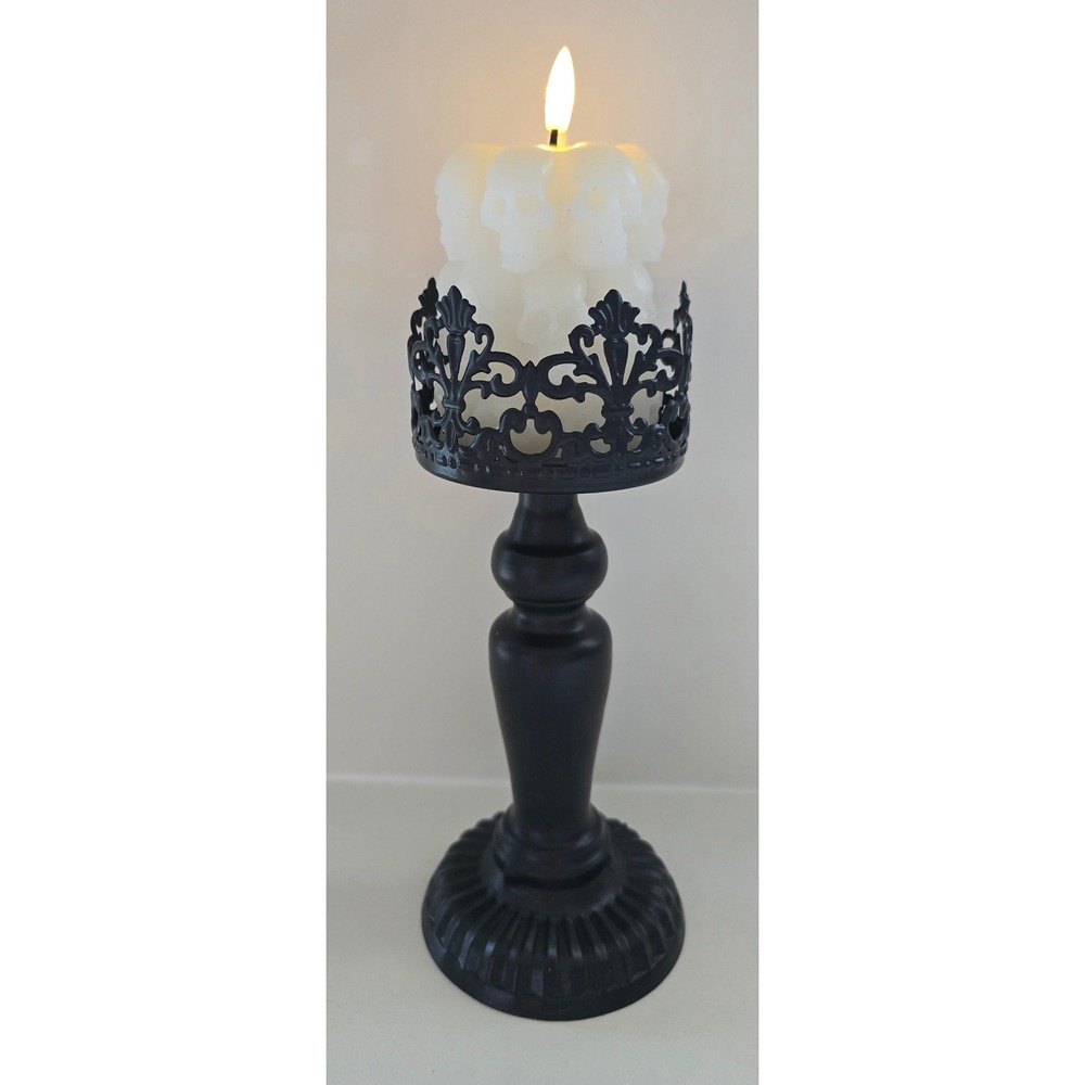 New Ganz Gothic Black Metal Candle Holder with White Skull LED Flickering Candle
